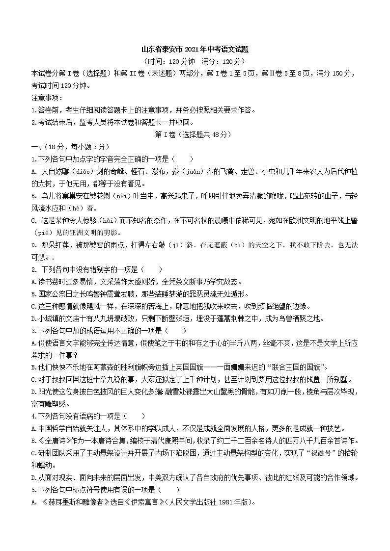 2021年山东省泰安市中考语文真题01