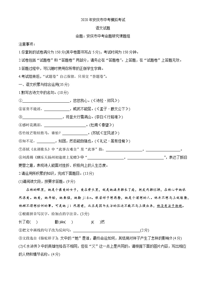 安徽省安庆市2020届九年级中考一模语文试题及答案01