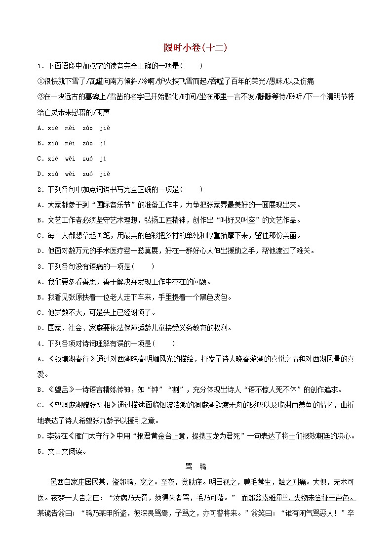 （通用版）中考语文总复习限时练习小卷(12) (含答案)第1页