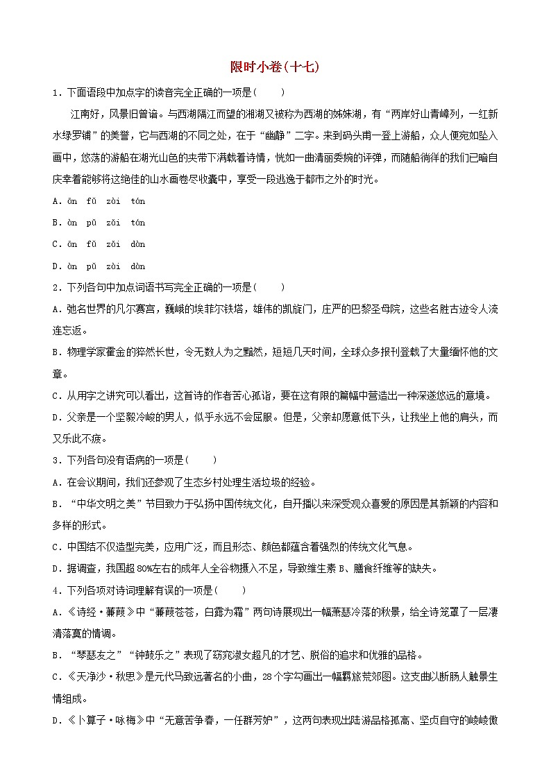 （通用版）中考语文总复习限时练习小卷(17) (含答案)第1页