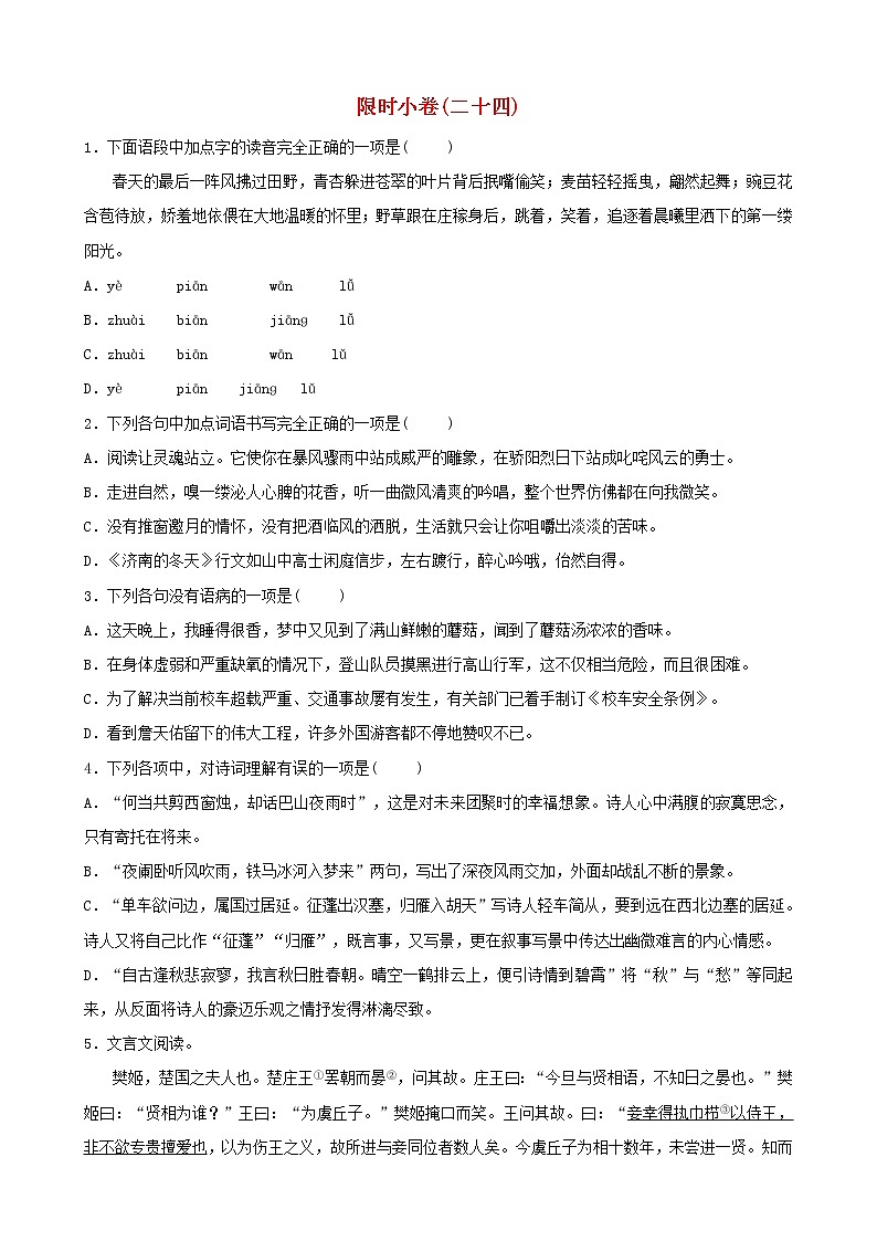 （通用版）中考语文总复习限时练习小卷(24) (含答案)第1页