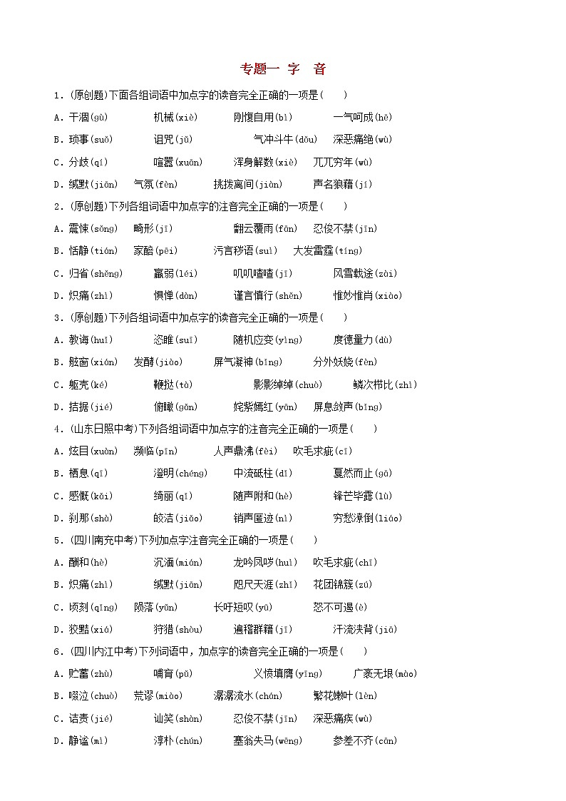 （通用版）中考语文专题复习专题01《字音》训练题（含答案）第1页