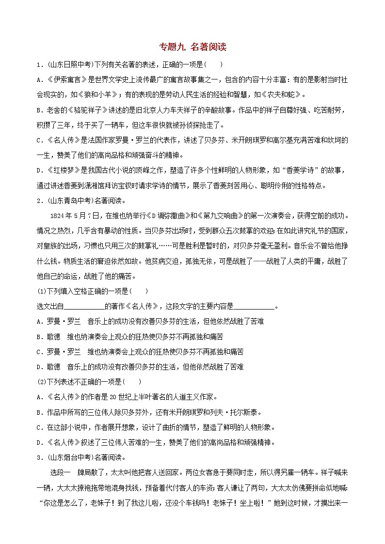 （通用版）中考语文专题复习专题09《名著阅读》训练题（含答案）第1页