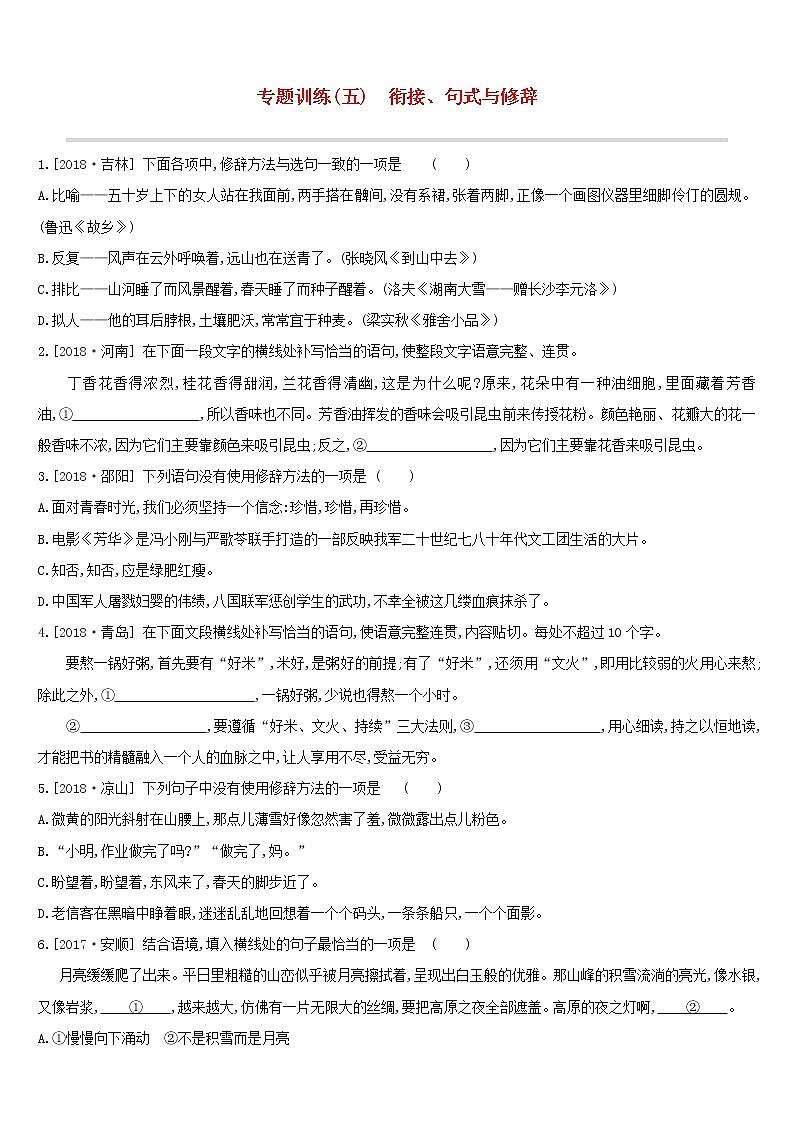 （通用版）中考语文总复习专题训练05《衔接句式与修辞》（含答案）第1页