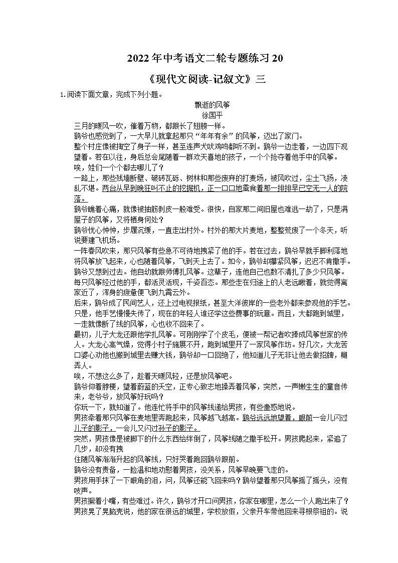 2022年中考语文二轮专题练习20《现代文阅读-记叙文》三(含答案)第1页