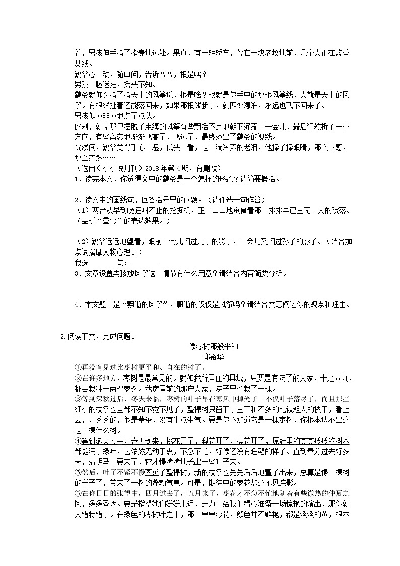 2022年中考语文二轮专题练习20《现代文阅读-记叙文》三(含答案)第2页