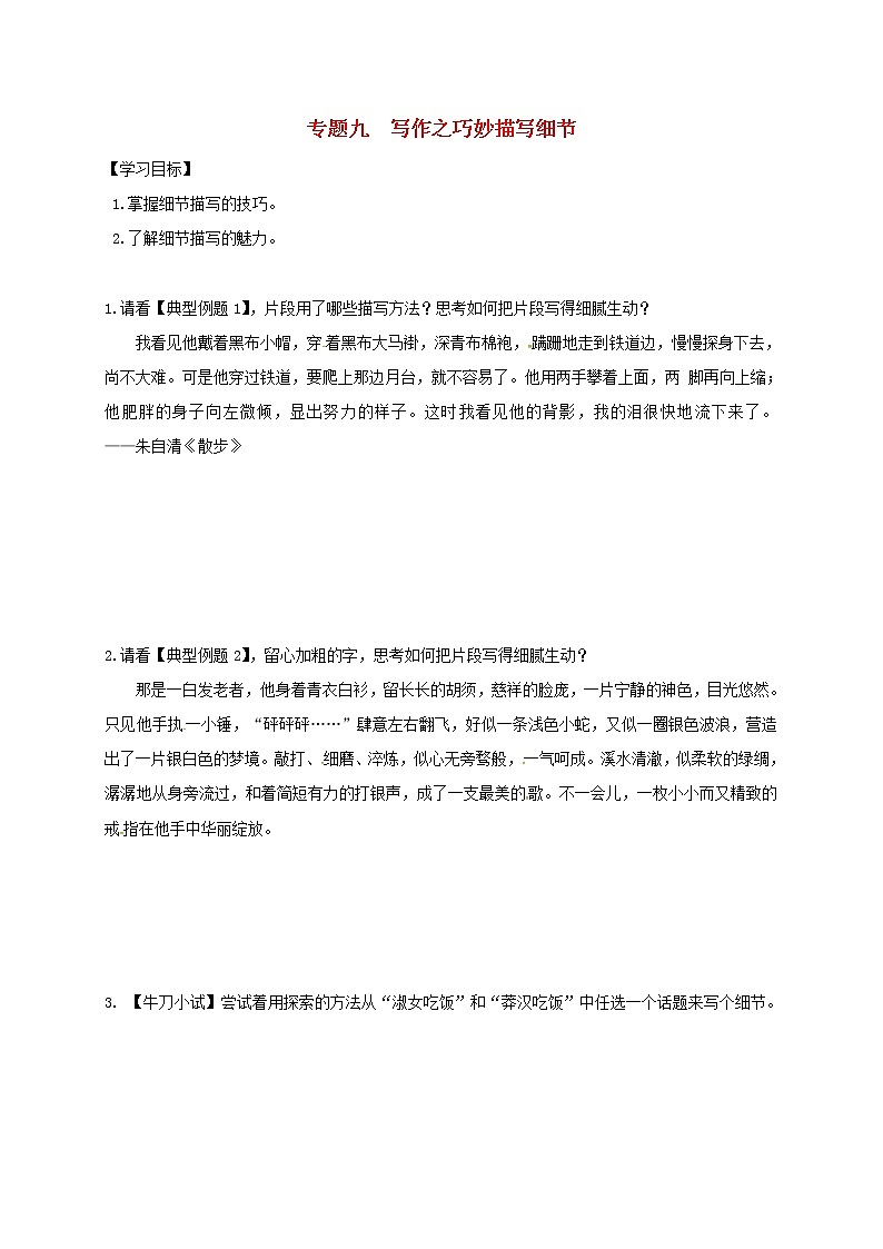 2022年中考语文专题复习专题09《写作之巧妙描写细节》学案(含答案)第1页