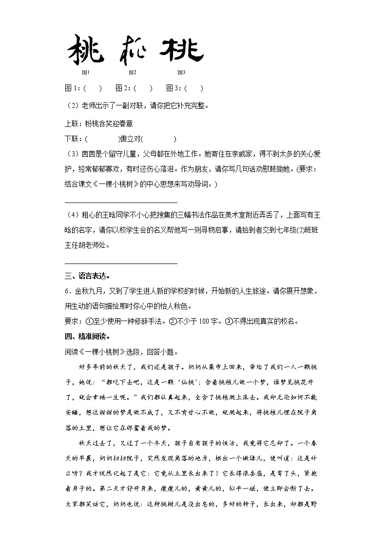 部编版语文七年级下册一棵小桃树同步练习第2页