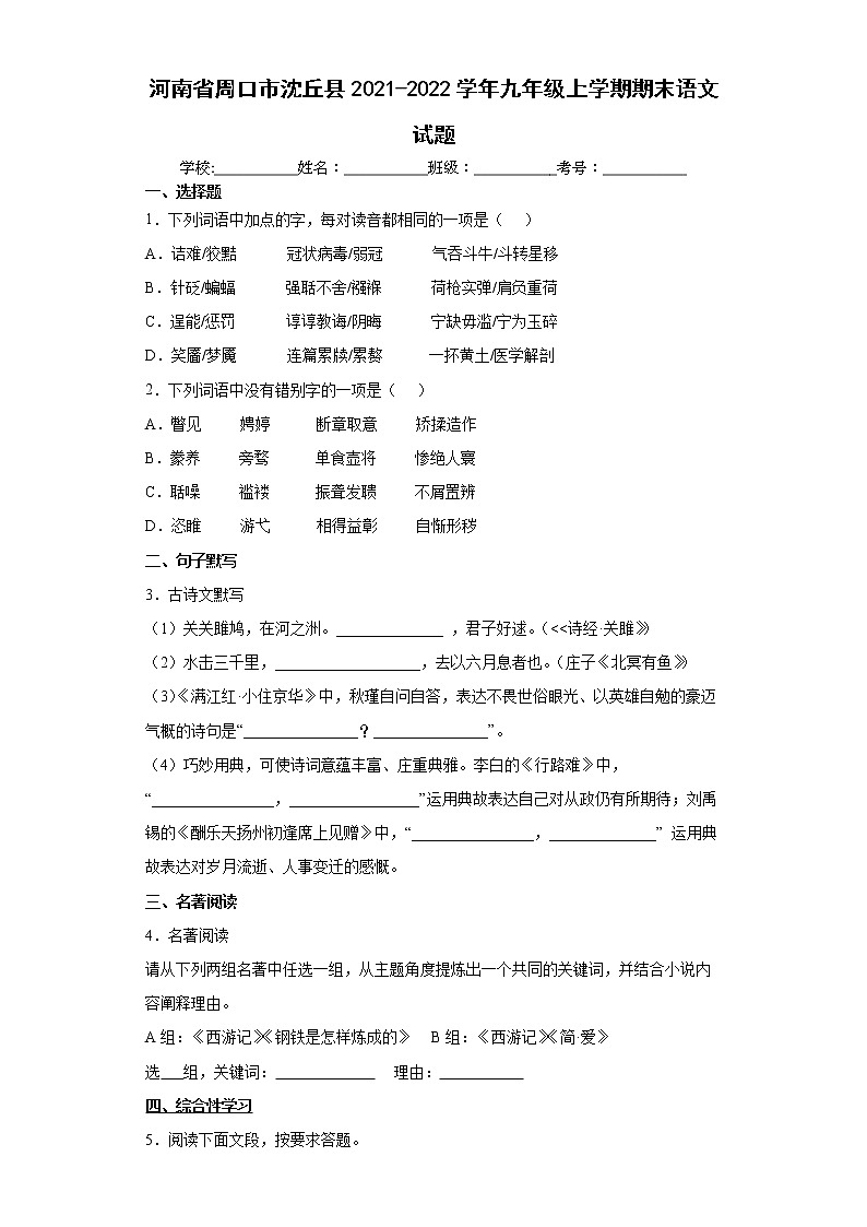 河南省周口市沈丘县2021-2022学年九年级上学期期末语文试题（word版含答案）第1页