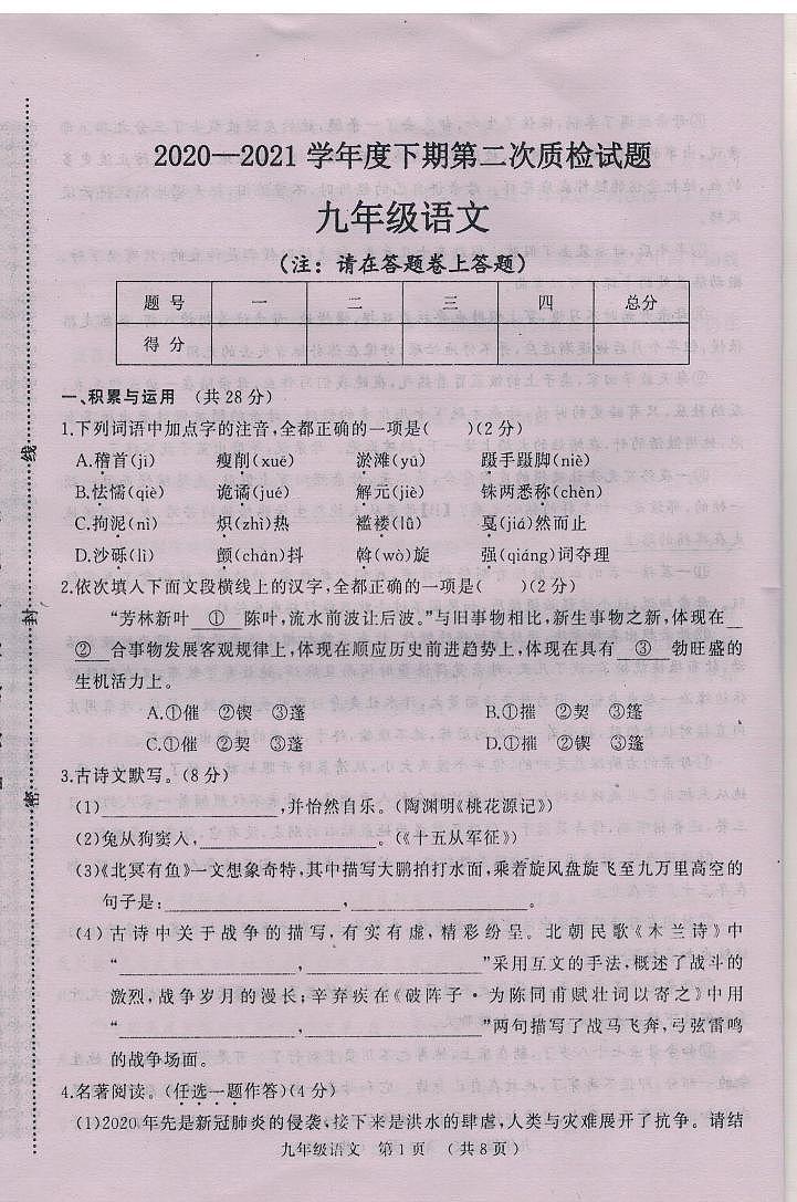预约河南省驻马店市汝南县2020-2021学年九年级下学期第二次质检语文试题（PDF版含答案）第1页