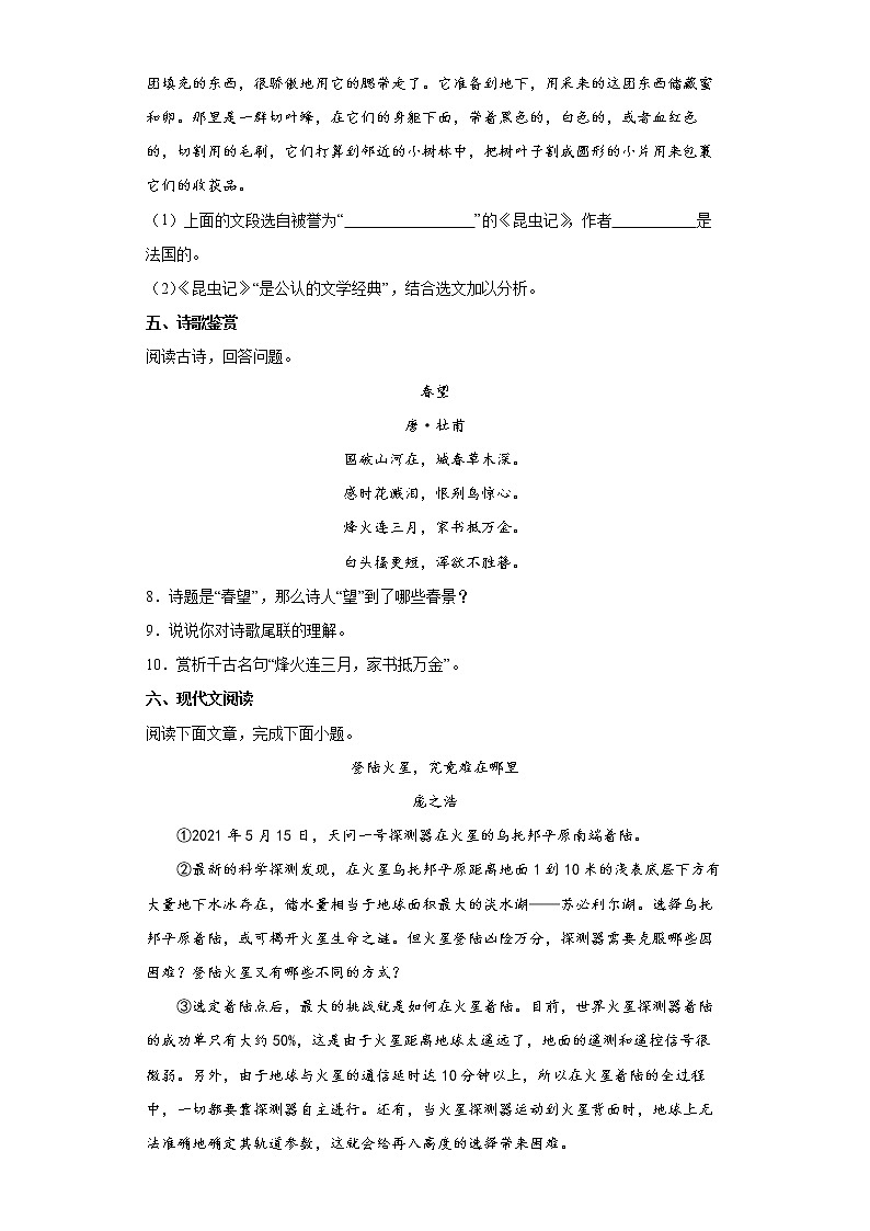 甘肃省天水市武山县2021-2022学年八年级上学期期末语文试题（word版含答案）03