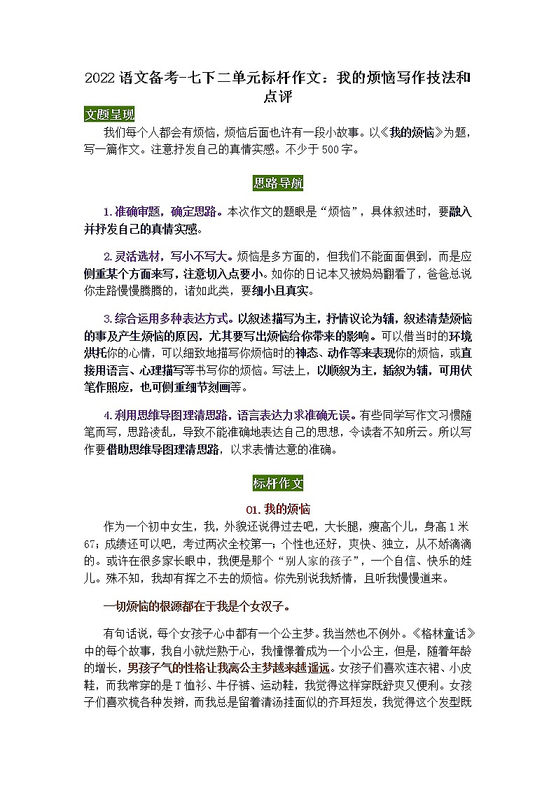2022年中考语文备考-《我的烦恼》写作技法和点评教案01