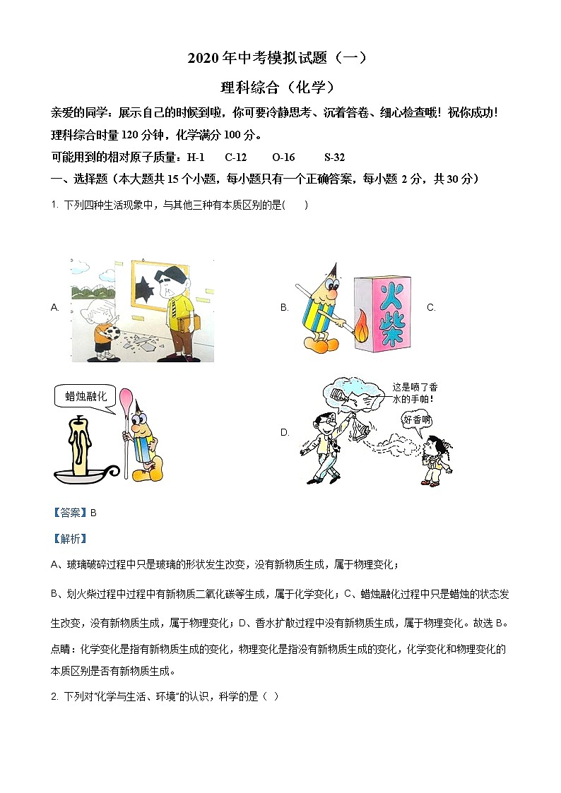 2020年湖南省娄底市中考一模化学试题（含解析）第1页