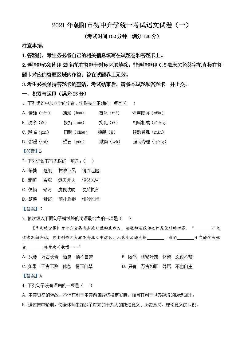 2021年辽宁省朝阳市中考一模语文试题（含解析）第1页