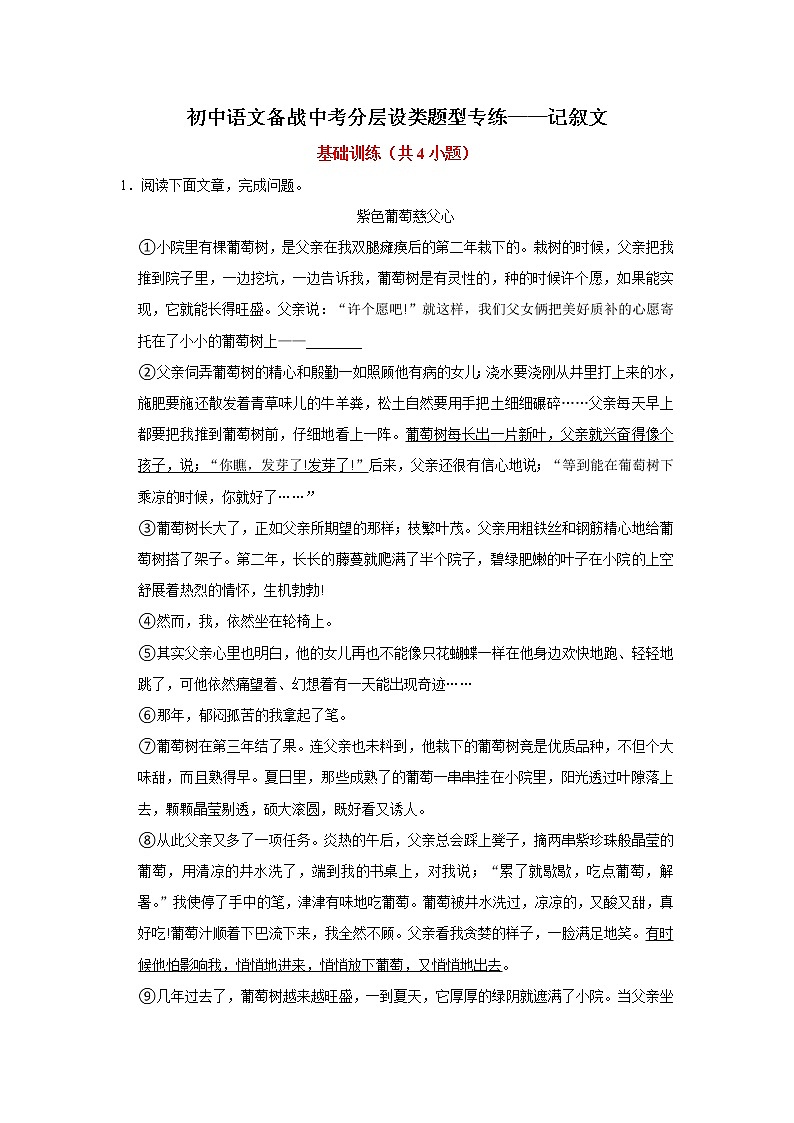 2022中考语文二轮复习专题：分层设类题型专练——记叙文第1页