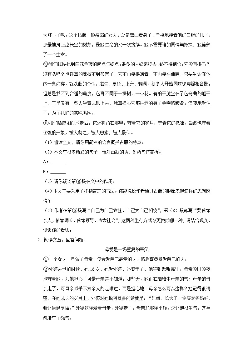 2022中考语文二轮复习专题：分层设类题型专练——散文第2页