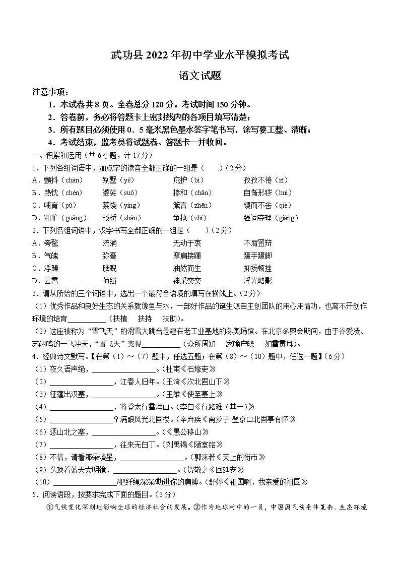 2022年陕西省咸阳市武功县初中中考一模语文试题（word版含答案）01