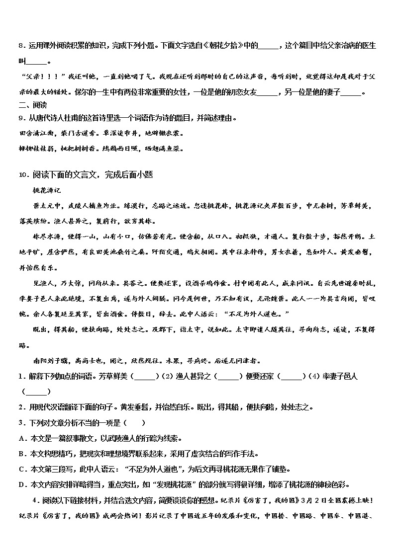 2021-2022学年安徽省淮南市大通区（东部地区）重点名校毕业升学考试模拟卷语文卷含解析第3页