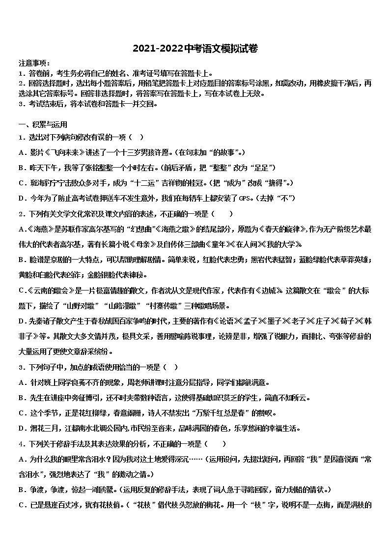 2021-2022学年【全国百强校首发】湖南省师范大附属中学中考适应性考试语文试题含解析第1页