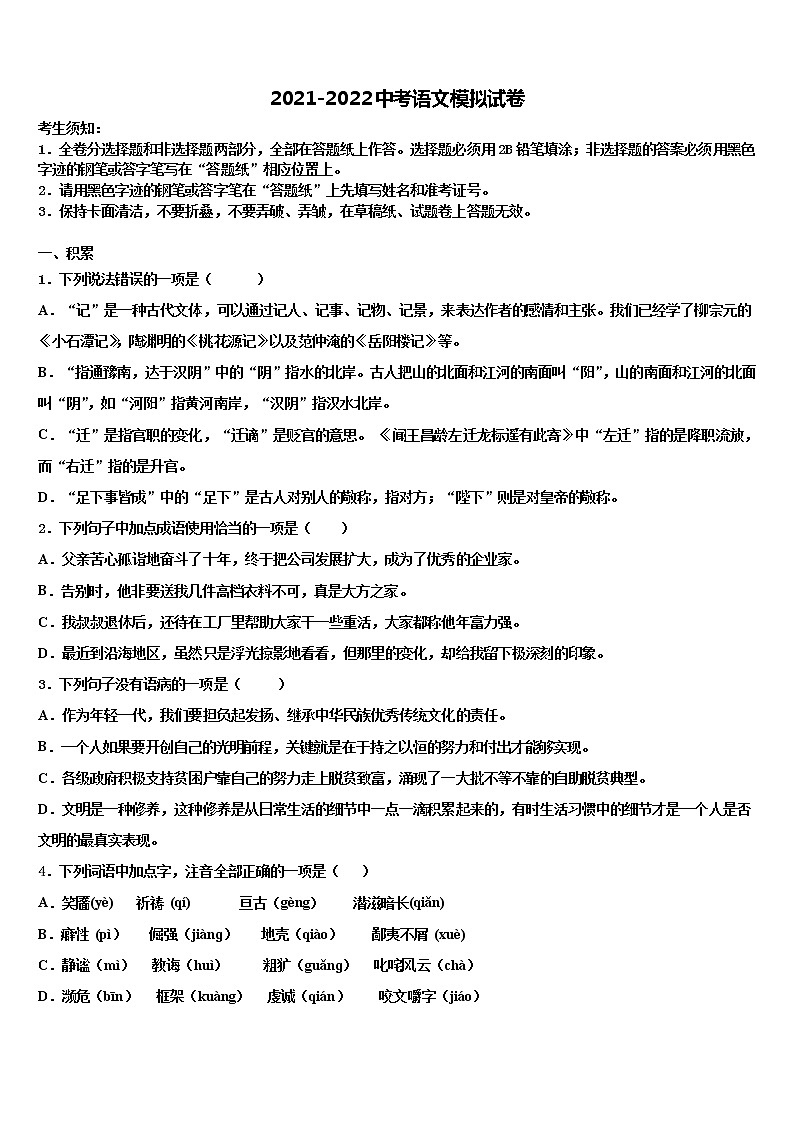 2021-2022学年安徽省太湖县中考语文对点突破模拟试卷含解析01