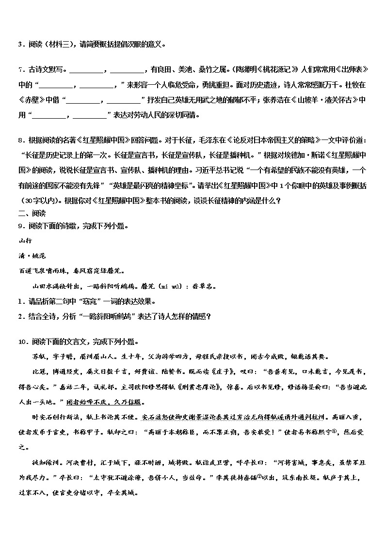 2021-2022学年安徽省巢湖市达标名校中考语文模试卷含解析03
