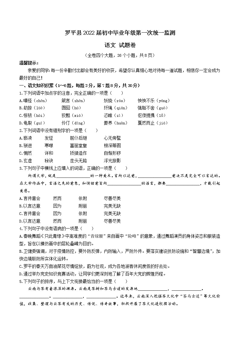 2022年云南省曲靖市罗平县中考一模语文试题01