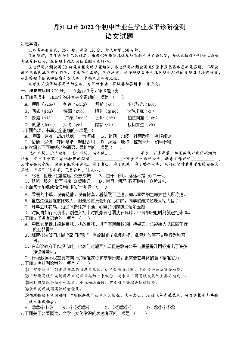 2022年湖北省十堰市丹江口市初中毕业生学业水平诊断考试（一模）语文试题第1页