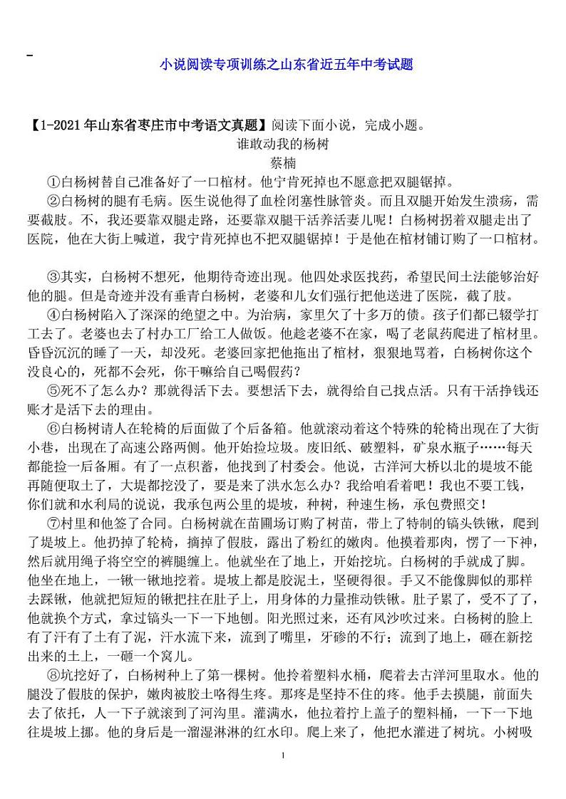 山东省近五年中考语文之小说阅读专项含答案练习题第1页