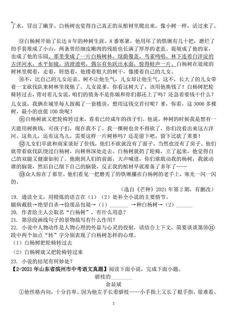 山东省近五年中考语文之小说阅读专项含答案练习题第2页