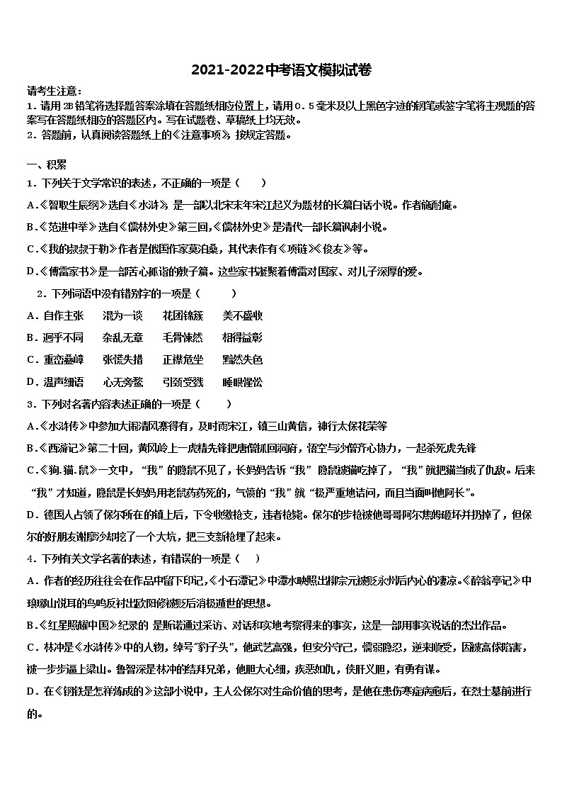2021-2022学年甘肃省嘉峪关市六中中考语文模拟精编试卷含解析01