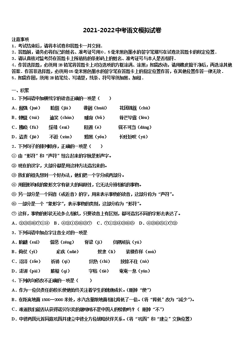 2021-2022学年福建省泉州市晋江区安海片区达标名校中考语文猜题卷含解析01