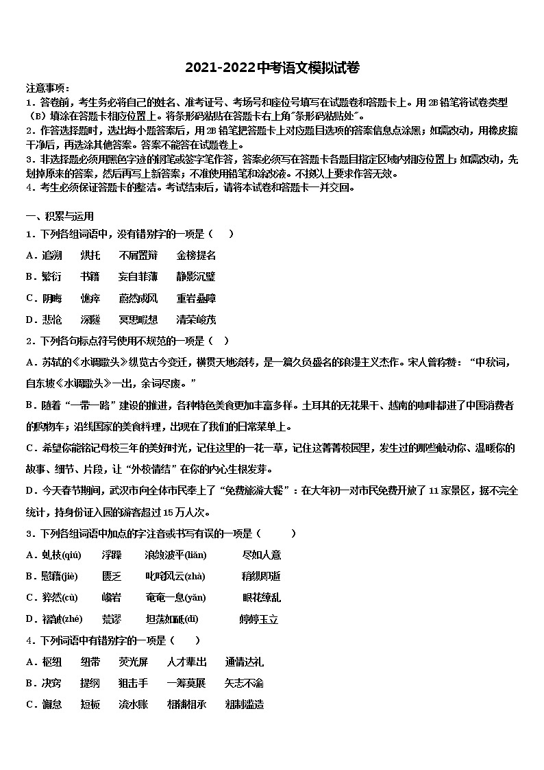 2021-2022学年湖北省黄石市中考二模语文试题含解析01