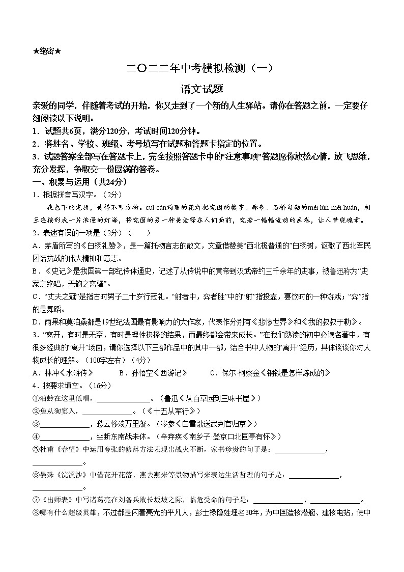 2022年山东省临清市中考一模语文试题（word版含答案）第1页