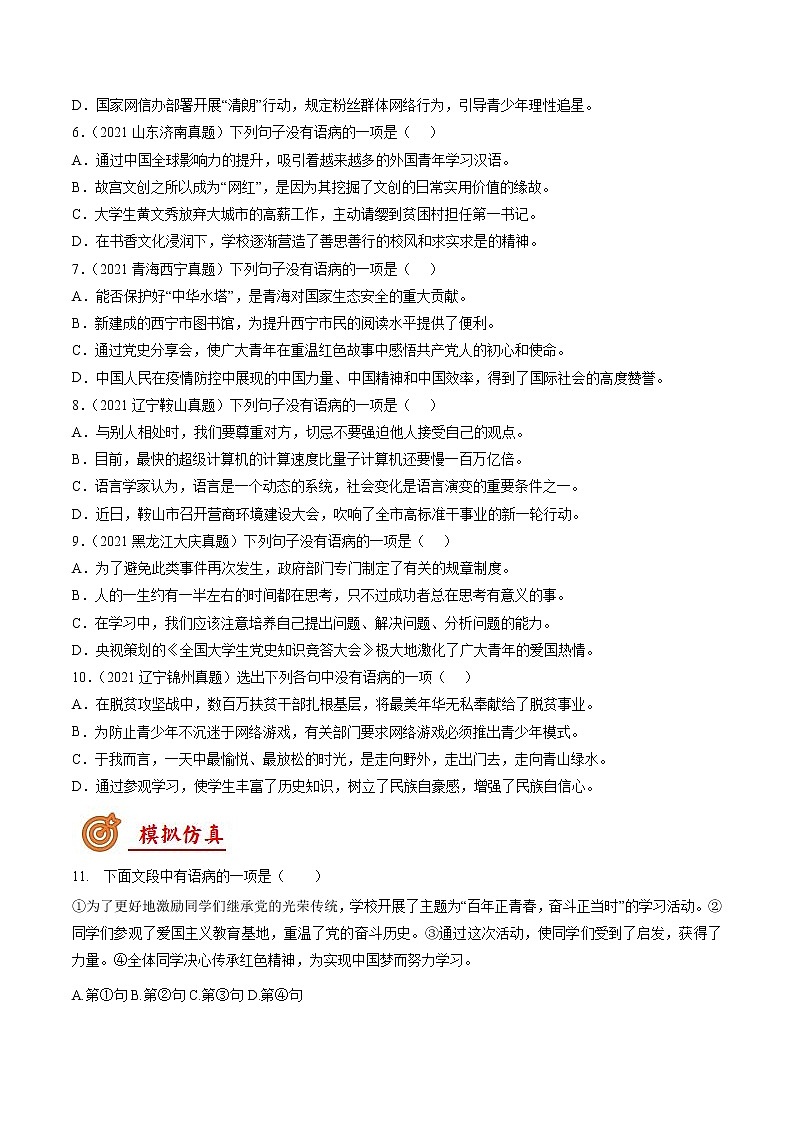 专题01 病句的辨析与修改（检测小卷）2022年中考语文二轮复习讲练测第2页