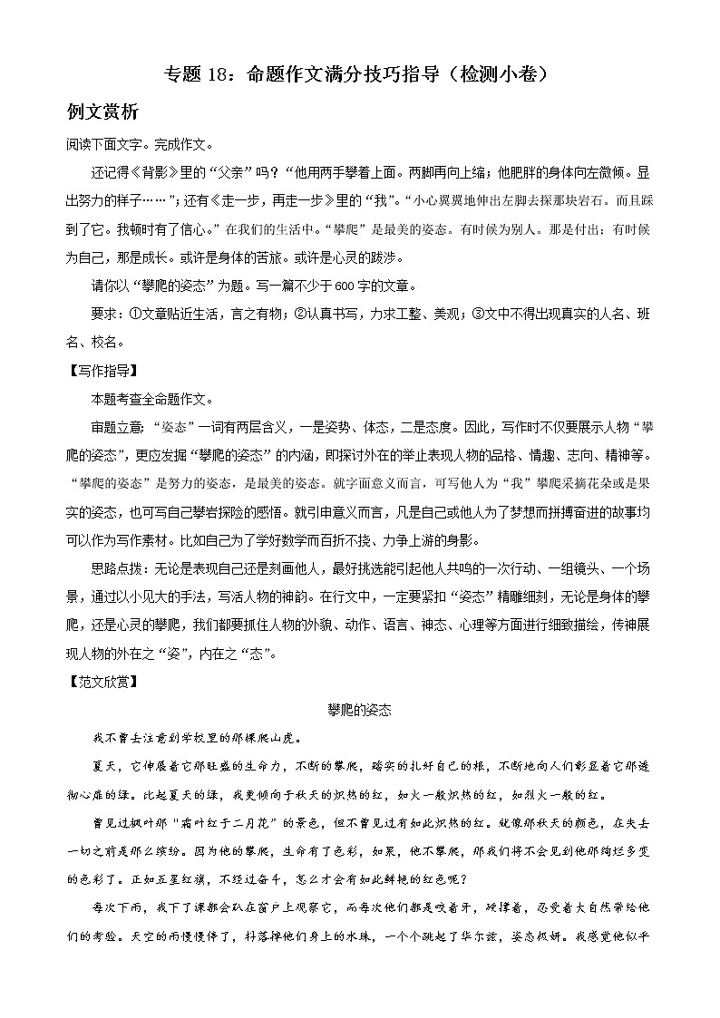 专题18：命题作文高分技巧指导（检测小卷）2022年中考语文二轮复习讲练测第1页