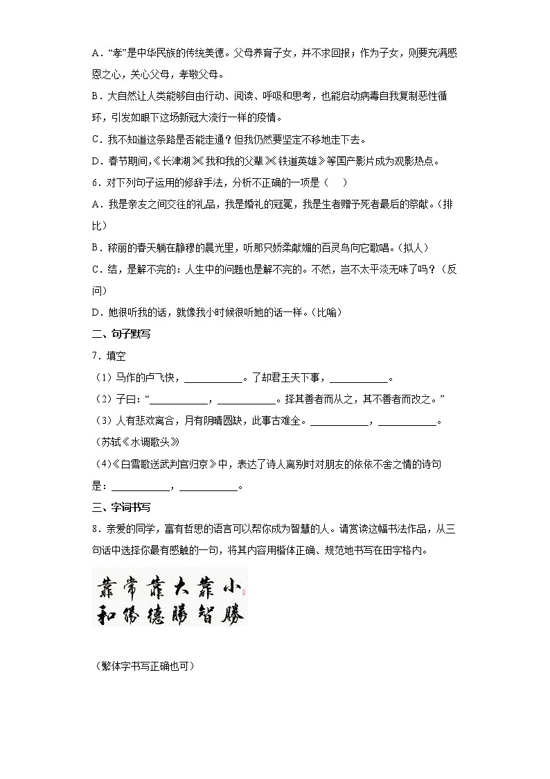 2022年湖南省娄底市中考一模语文试题（word版含答案）第2页
