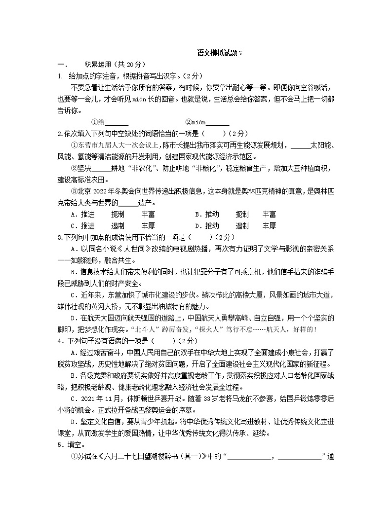 人教版初中语文九年级中招模拟试卷 (2)第1页