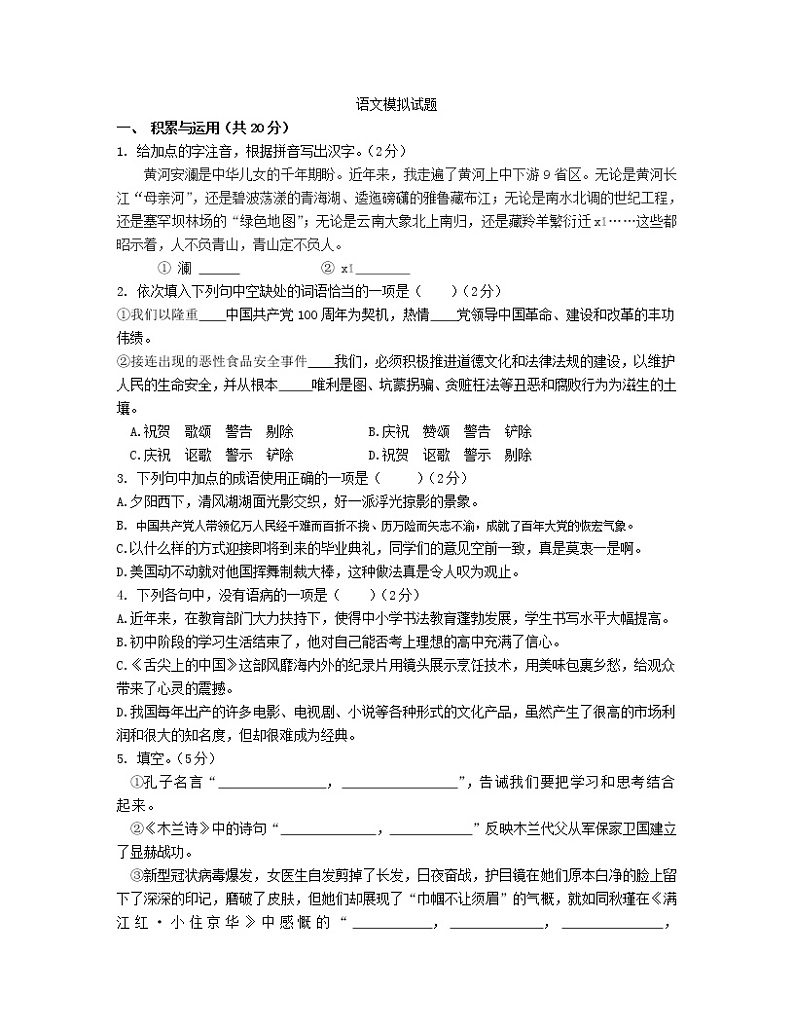 人教版初中语文九年级中招模拟试卷 (6)01