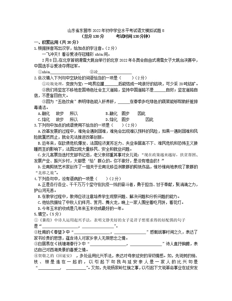 2022年山东省东营市初中学业水平考试语文模拟试题8(word版含答案)01
