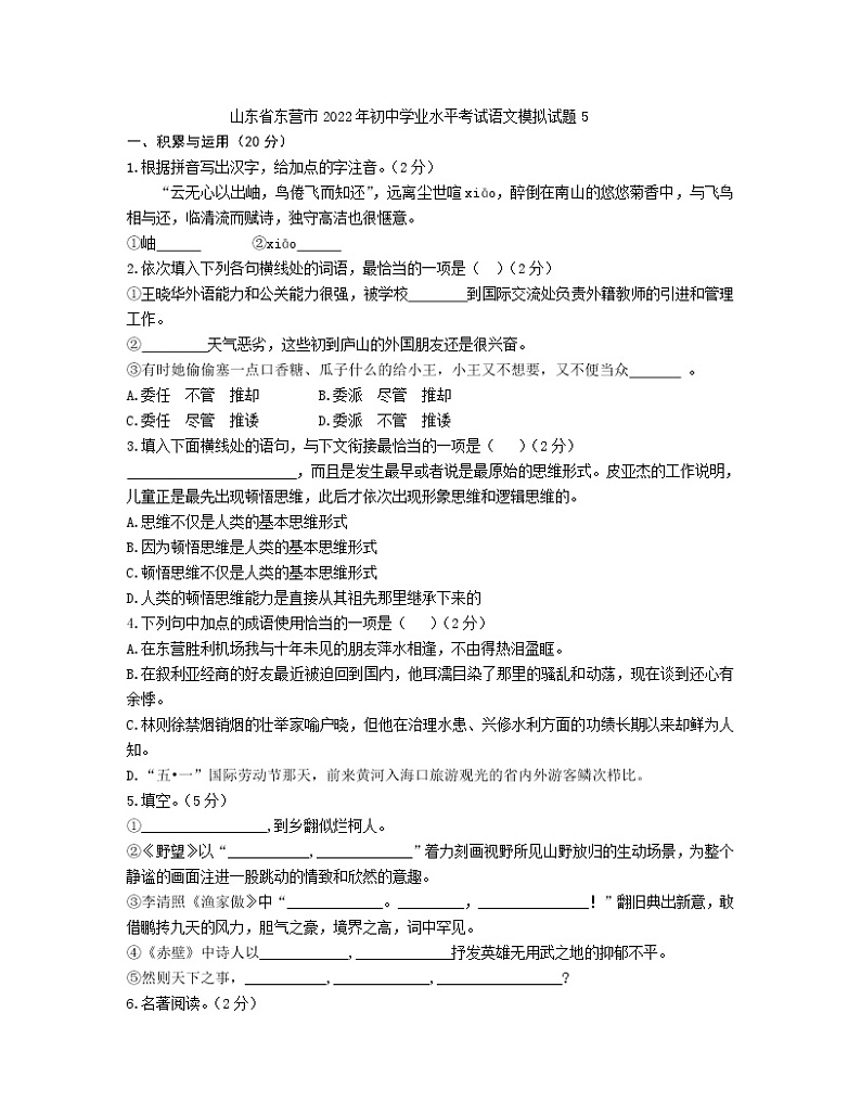 2022年山东省东营市初中学业水平考试语文模拟试题5(word版含答案)01