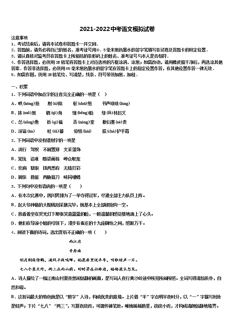2021-2022学年江苏省泰州市口岸实验校中考冲刺卷语文试题含解析01