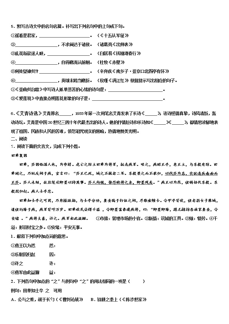 2021-2022学年济宁市高中学段校中考语文全真模拟试题含解析02