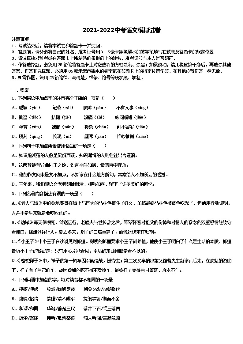 2021-2022学年内蒙古阿拉善达标名校中考语文适应性模拟试题含解析01