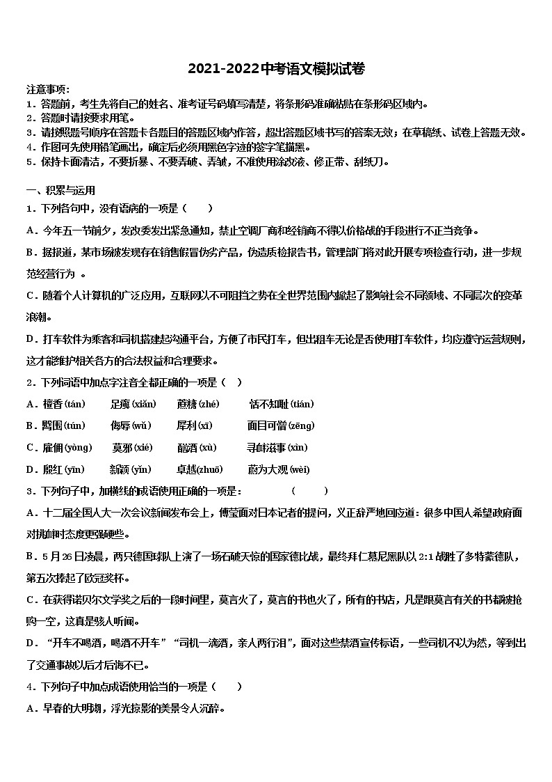 2021-2022学年山东省泰安市东平县重点中学中考语文适应性模拟试题含解析01