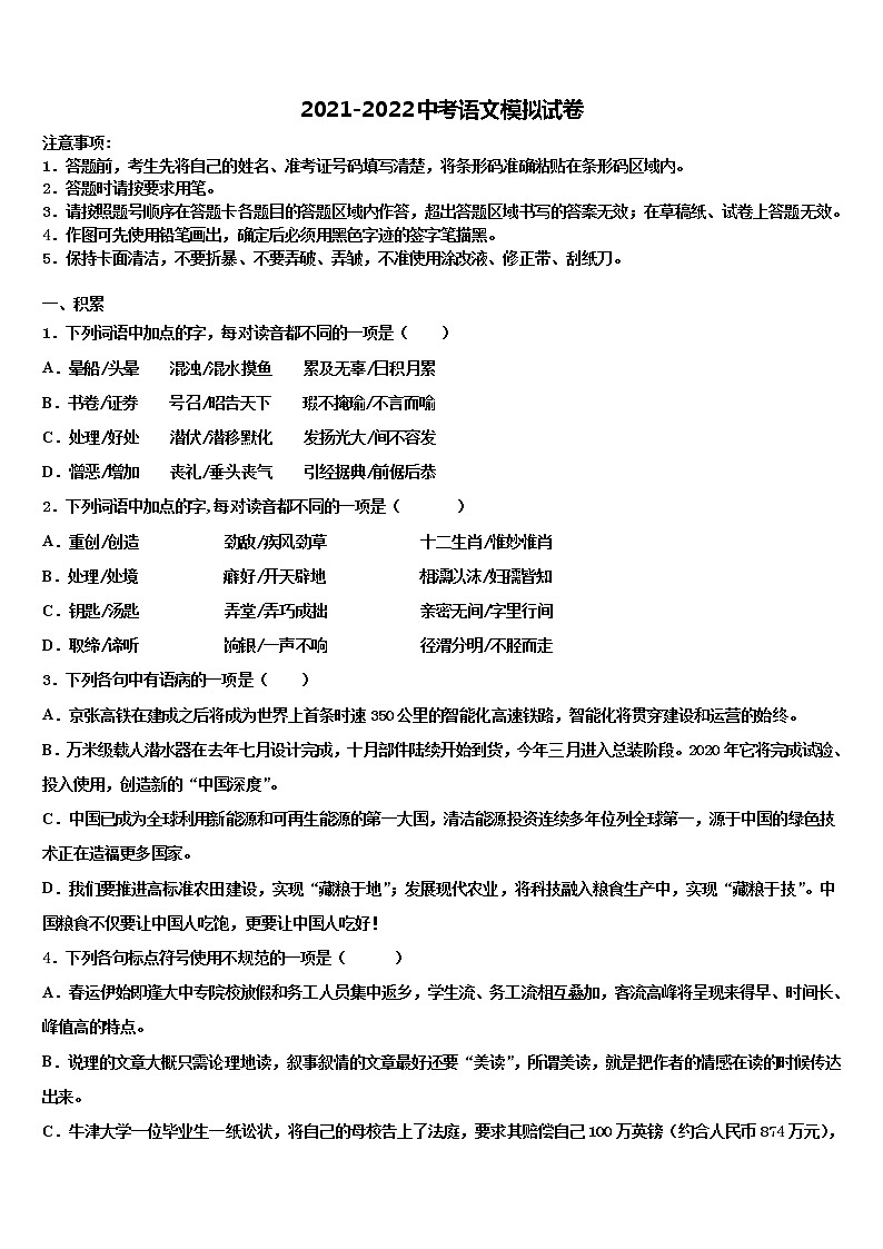 2021-2022学年青海省海南市中考语文适应性模拟试题含解析01