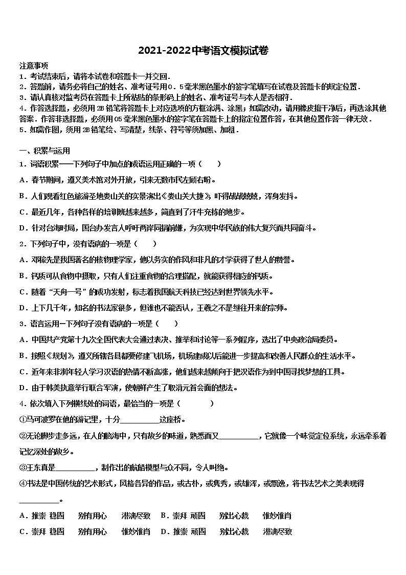 2021-2022学年山东广饶县中考语文对点突破模拟试卷含解析01