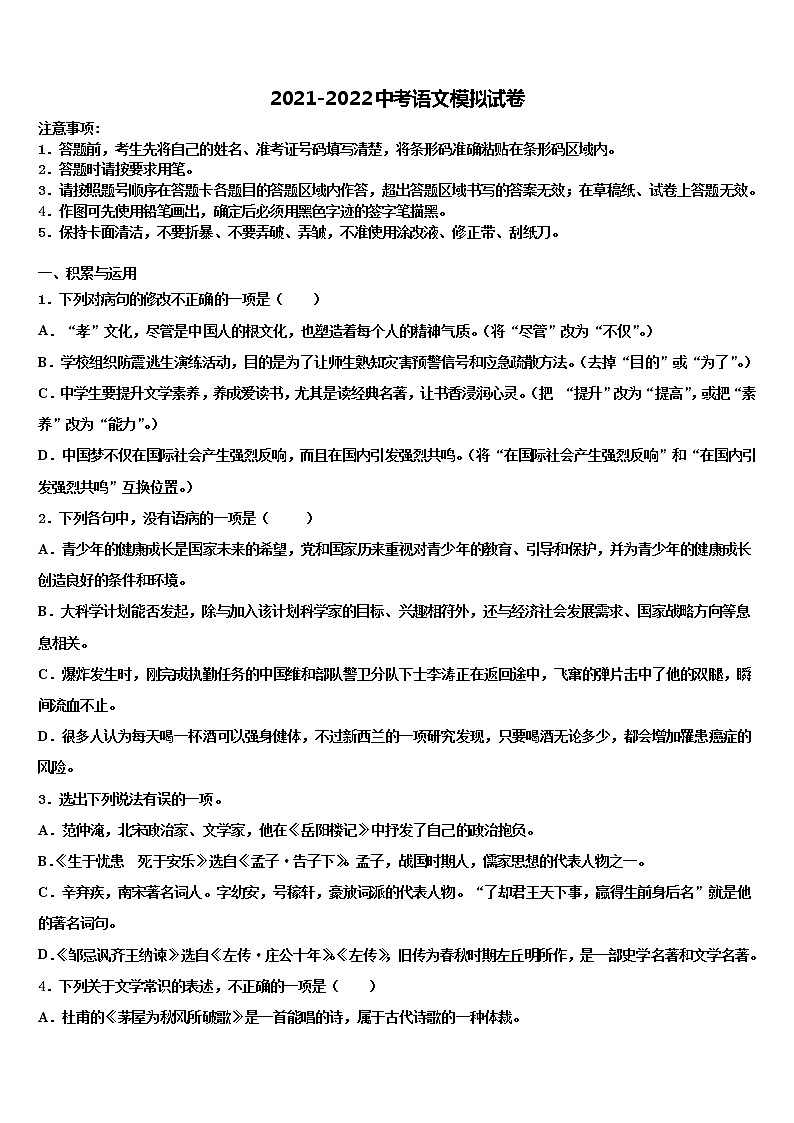 2021-2022学年陕西省渭南市中考语文模试卷含解析01