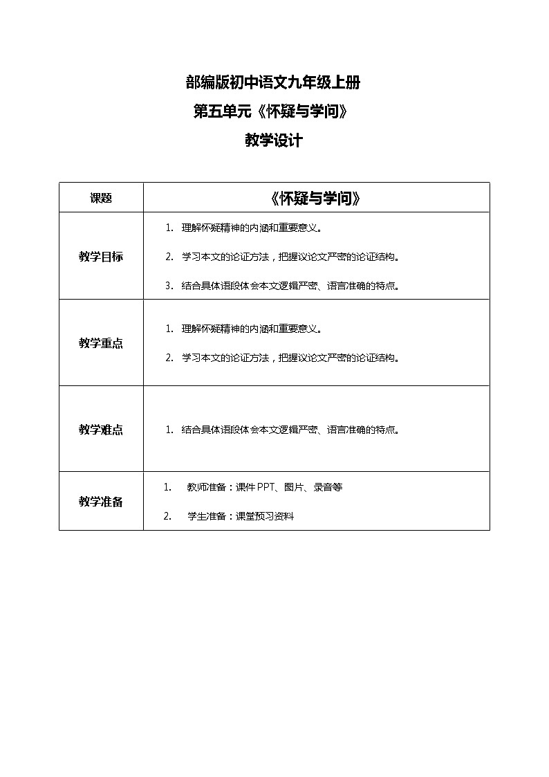 部编版初中语文九上第五单元《怀疑与学问》课件PPT+教学设计01