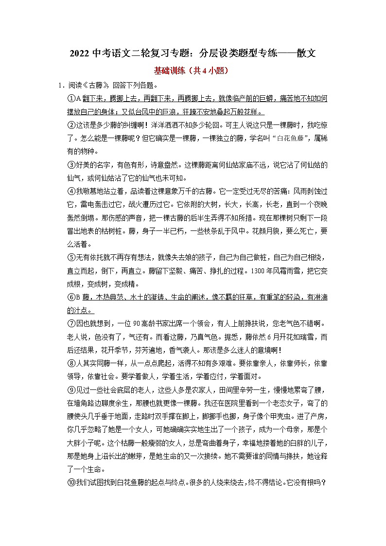 2022年中考语文二轮复习专题：分层设类题型专练——散文第1页