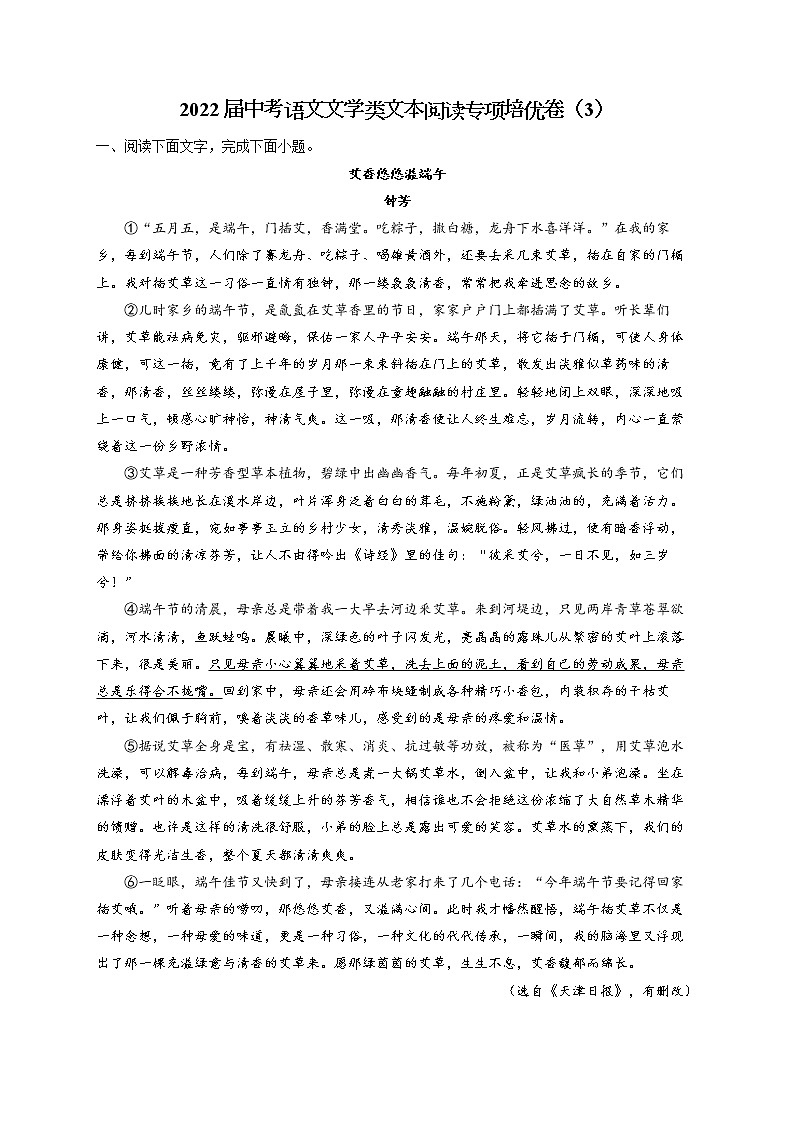 2022届中考语文文学类文本阅读专项培优卷（3）01